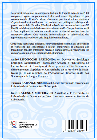 Protection sociale des travailleurs au regard du droit du travail et de la sécurité sociale congolais : Enquêtes qualitatives menées dans les entreprises indiennes de Lubumbashi