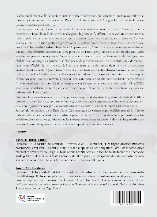 Droit médical congolais- Le contrat, droits des patients et le résultat d'enquêtes dans les établissements de la santé de la ville de Lubumbashi